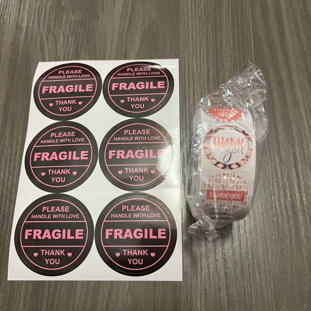 500 Thank you stickers, comes with a dozen (2 sheets) fragile stickers.